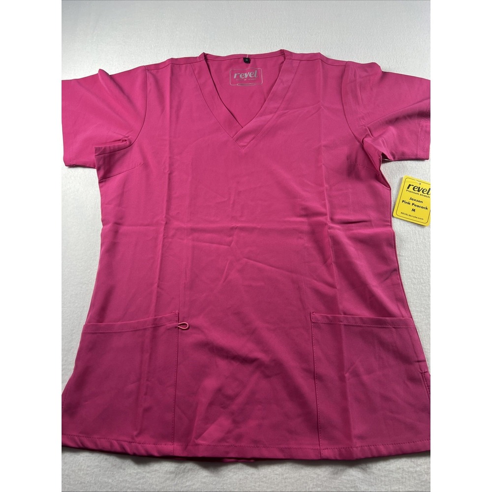Revel Premium Jaxson Women's Scrub Top Medium Pink Peacock V-Neck NWT 2 Pocket